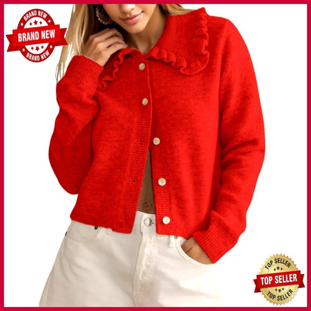 Cropped Babydoll Cardigan Sweater Long Sleeve Button Down Ruffled Collar